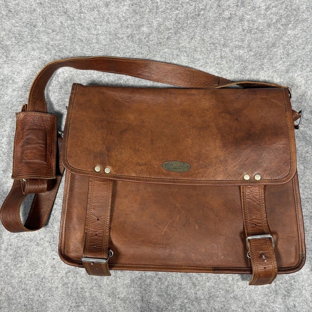 Handmade World Messenger Bag Large Brown Leather Vintage Laptop Satchel - Picture 2 of 16